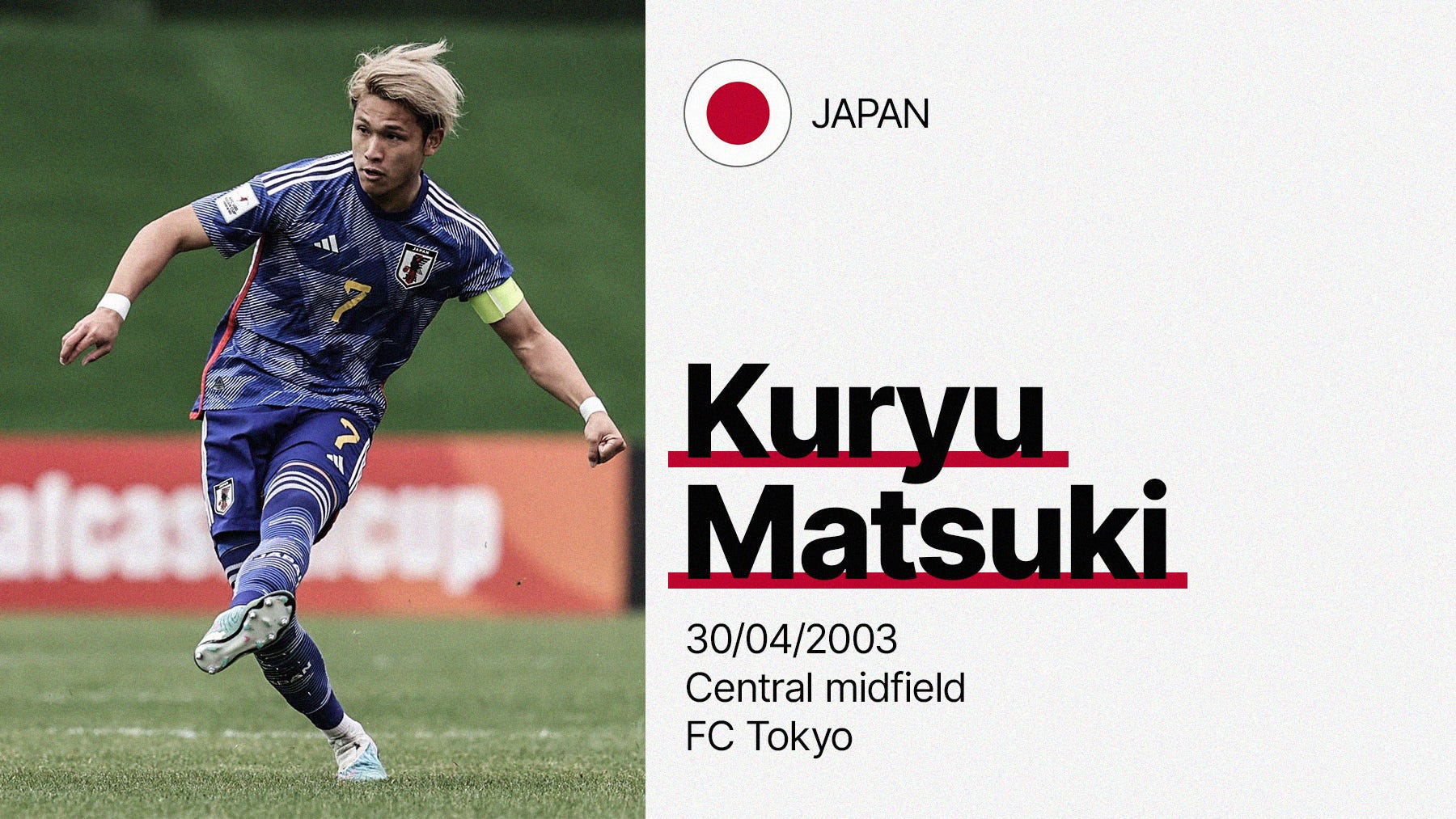 A photo of Kuryu Matsuki playing for Japan's U-20 team with a brief information panel about him, including Japan flag, date of birth, position and club.