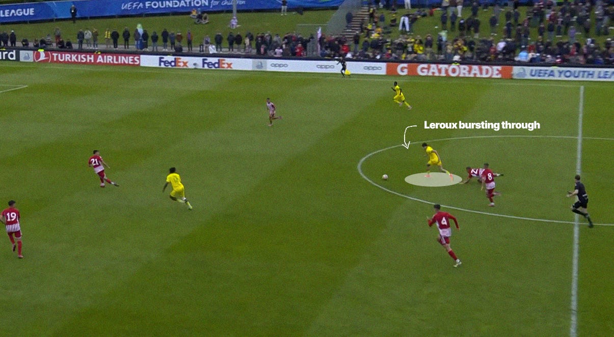 A screenshot of Nantes' Louis Leroux driving with the ball through midfield