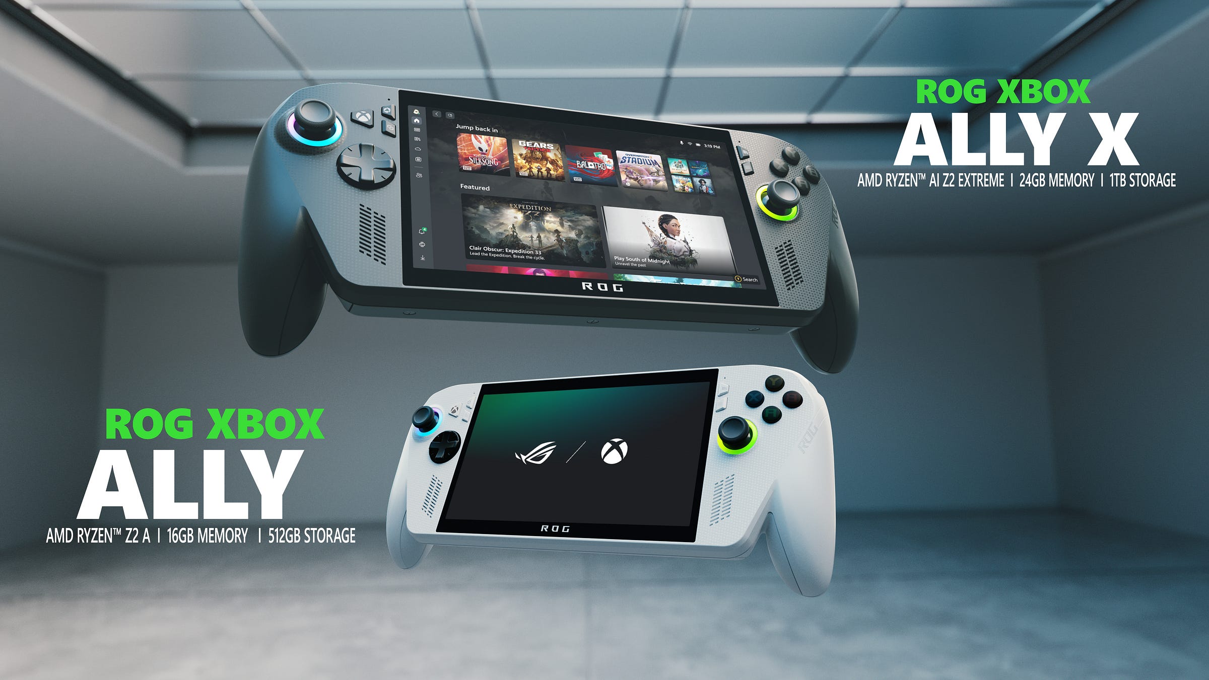 Image of two handheld gaming devices, the ROG Xbox Ally and the ROG Xbox Ally X. Both consist of a screen flanked by console-like grips and buttons. The top unit shows some games ready to run, including Silksong, Geas of War and Clair Obscur
