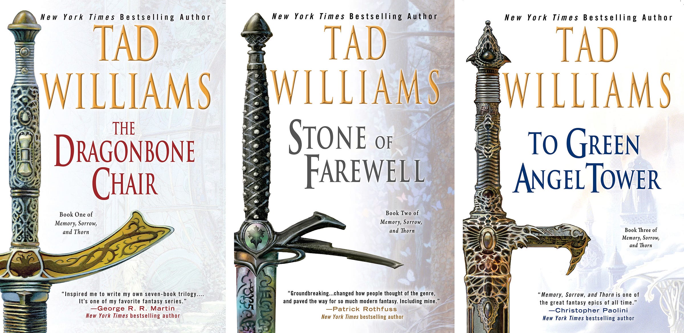 Three book covers side by side for THE DRAGONBONE CHAIR, STONE OF FAREWELL, and TO GREEN ANGEL TOWER. Each features the grip and hilt of one of the great swords.