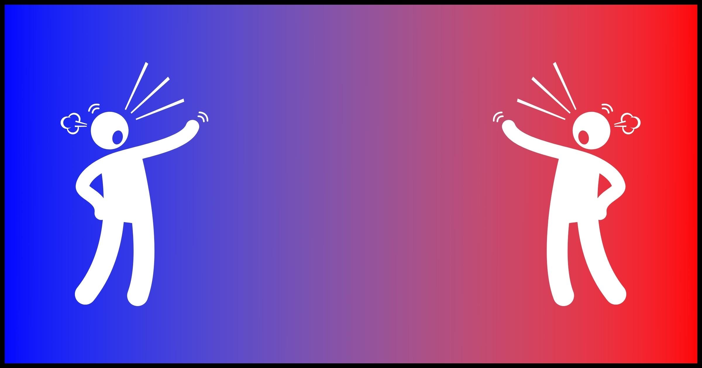 Two figures arguing at opposite ends of a blue-red gradient.