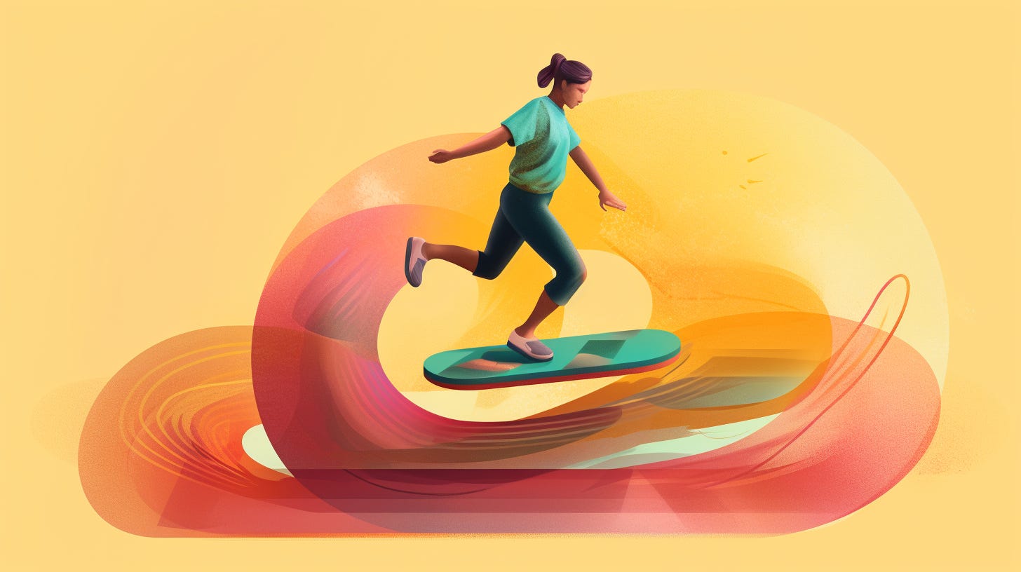 AI-generated illlustration of a woman on a balance board surrounded by swooshing graphics on a yellow background by John Wayne Hill