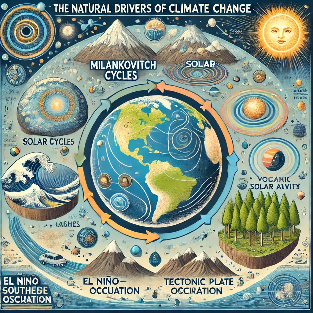 A detailed and visually engaging educational diagram illustrating the natural drivers of climate change. The central focus is Earth, surrounded by key elements representing climate drivers: Milankovitch Cycles depicted with orbital paths, solar activity with a glowing sun and solar flares, a volcanic eruption emitting ash and gases, ocean waves symbolizing El Niño-Southern Oscillation, and a tectonic plate boundary forming mountains. Additional elements include reflective ice caps for albedo, a forest indicating vegetation's role, and atmospheric patterns for greenhouse gas effects. Clean labels and arrows connect each driver to Earth. The color palette includes blues, greens, and natural earthy tones for a professional yet accessible look.