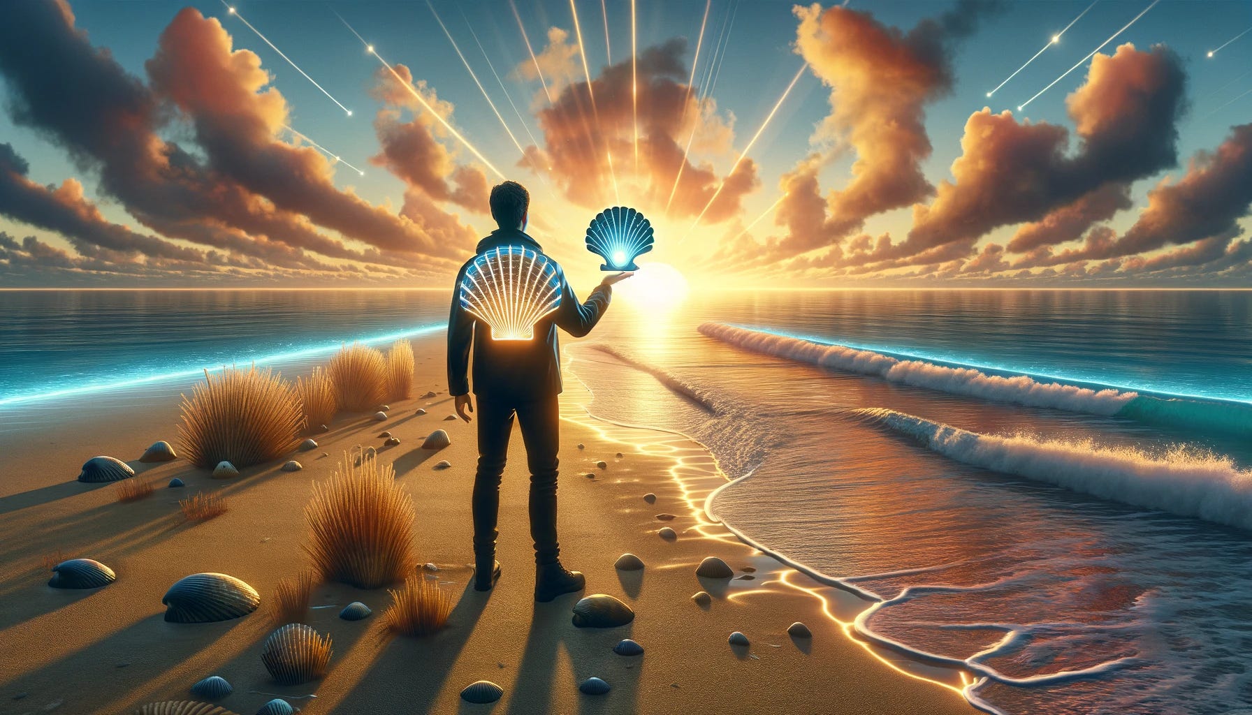 An illustrative image that captures the essence of the title 'The Advantages of Being an Early Adopter with Scallop'. The scene depicts a person standing on a beach at sunrise, looking towards the horizon with a sense of anticipation and opportunity. In one hand, they hold a glowing, futuristic device shaped like a scallop shell, symbolizing innovation and the benefits of embracing new technologies early. The other hand is raised towards the rising sun, signifying optimism and the forward-looking attitude of early adopters. The beach and the ocean represent uncharted territories and the vast possibilities that lie ahead for those willing to explore them. This image blends the natural beauty of the dawn with the metaphor of technological exploration and discovery.