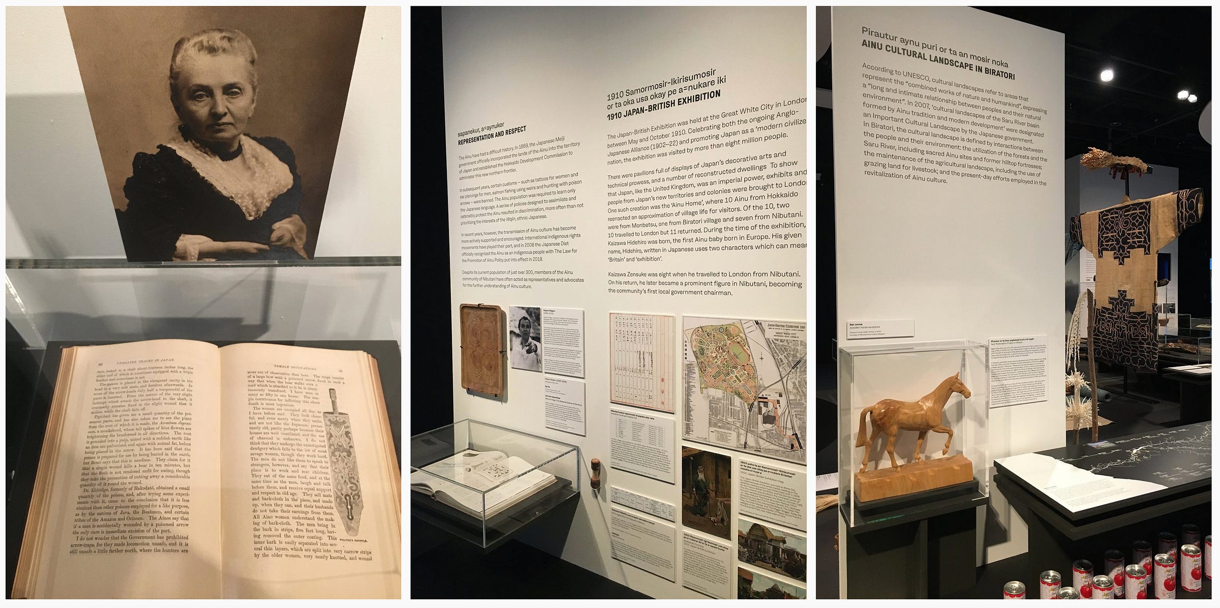 1. Photographic portrait of Isabella Bird and one of her observation books; 2. Part of the exhibit showing artefacts that explain both the discrimination and highlighting of the Ainu people; 3. Part of the exhibit explaining the Ainu cultural landscape with wooden carving of a horse.