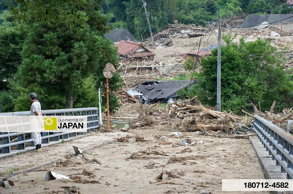 Photo of devastating mudslides in the village of Nakahata Ichibara in Hiroshima Prefecture in July 2018