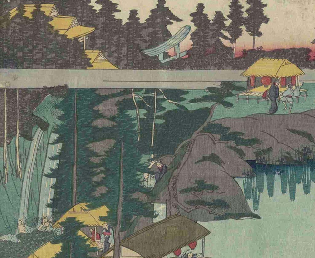 Detail of woodblock print by Utagawa Yoshimune of Jūnisō Pond in 1860