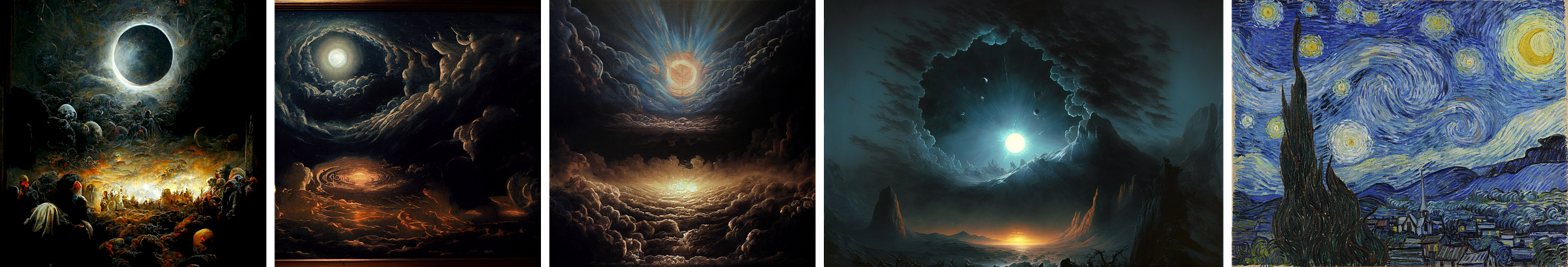 Four images of the moon in ominous, cloudy, and dark night skies, and a fifth image of a bright blue painting: 1) The moon with a thin halo, as if during an eclipse. People crowd around a pool of bright yellow light. Dark figures merge with the clouds. 2) Silvery clouds encircle the moon. More clouds encircle a faint setting sun, billowing clouds are lit from behind in its yellow light.  3) Light streams from the moon, illuminating the clouds. Below, clouds form a concentric pattern around the reflected face of the moon. 4) The moon set in a circle of clear sky framed by clouds and mountain. In the far distance, a sun is setting or rising. 5) Van Gogh’s The Starry Night. Dark, wavy, cyprus trees extend upward. A small village with a church spire. Gentle hills on the horizon. The highly stylized sky is bold blues, swirling, curling clouds, luminous yellow stars, and crescent moon, painted with short, distinct brushstrokes flowing along curling paths creating a dreamlike sense of movement and vibrancy. 