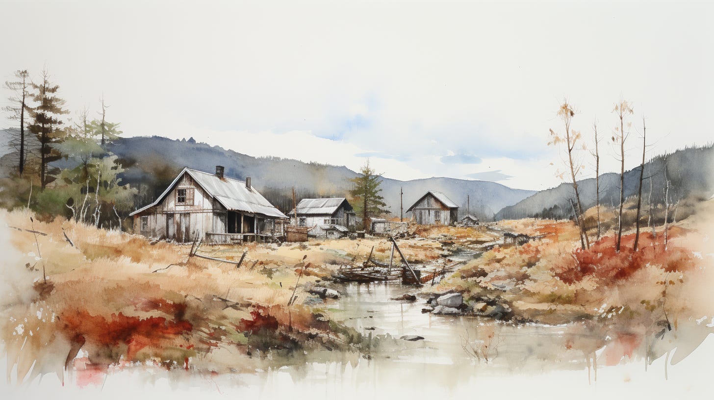 A watercolor sketch of a few rural homes in Appalachia in disrepair.