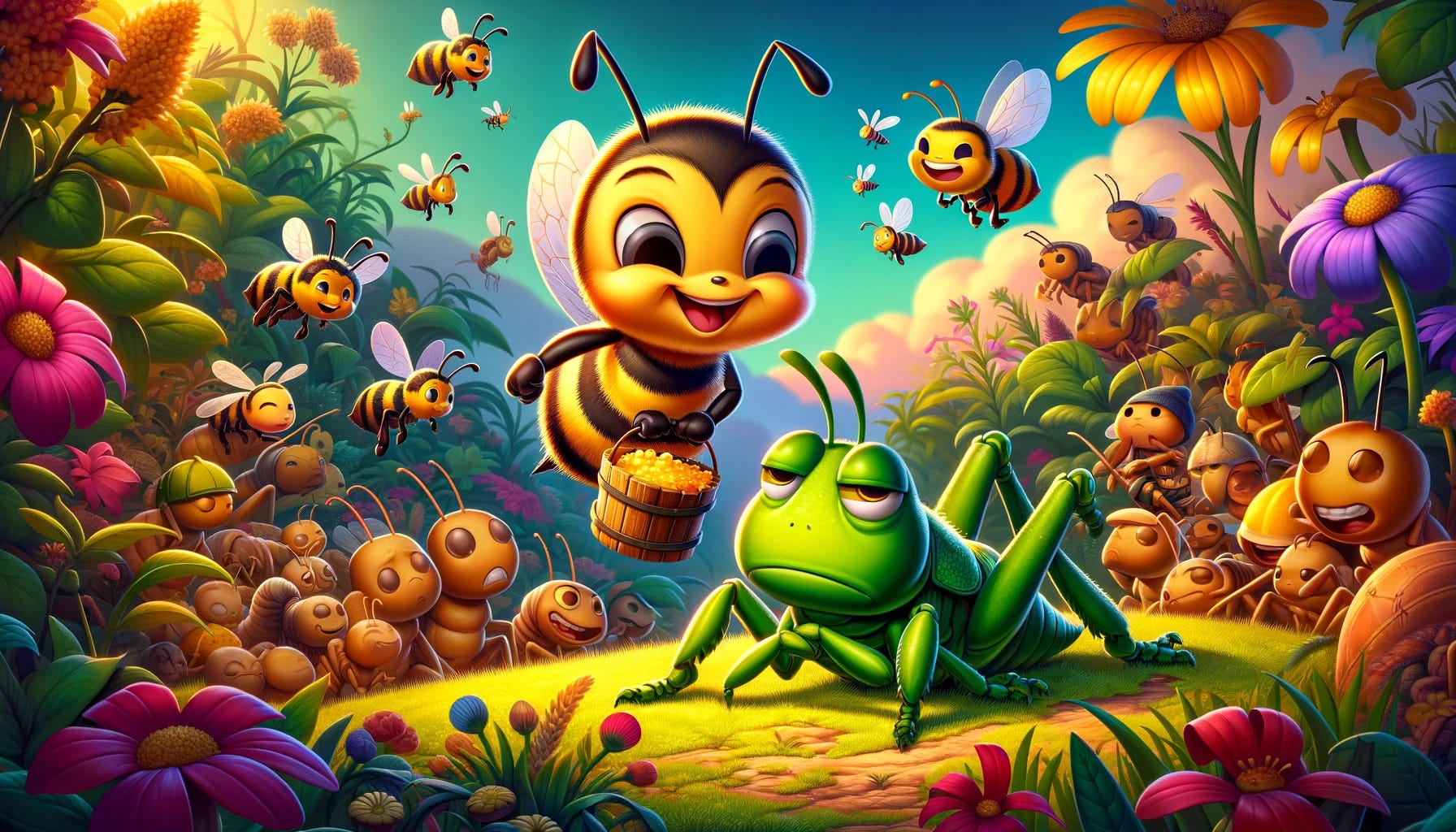 A working bee happily carrying some honey, and an unhappy grasshoper in the middle of lushing flora and fauna in a cartoony setting.