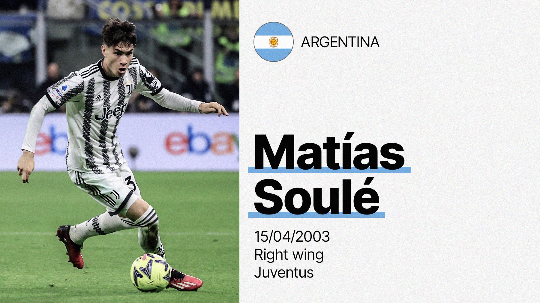 A photo of Matías Soulé dribbling with the ball for Juventus with a brief information panel about him, including Japan flag, date of birth, position and club.
