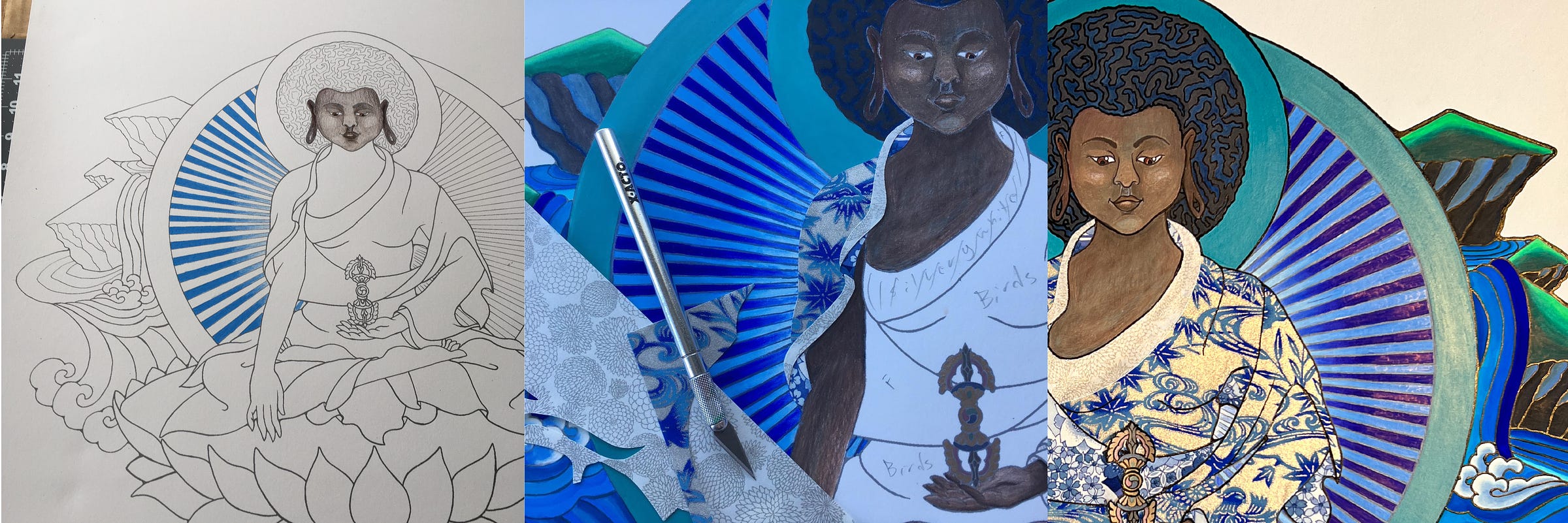 Three progress photos of Akshobya Buddha as a young Black woman with a large round afro