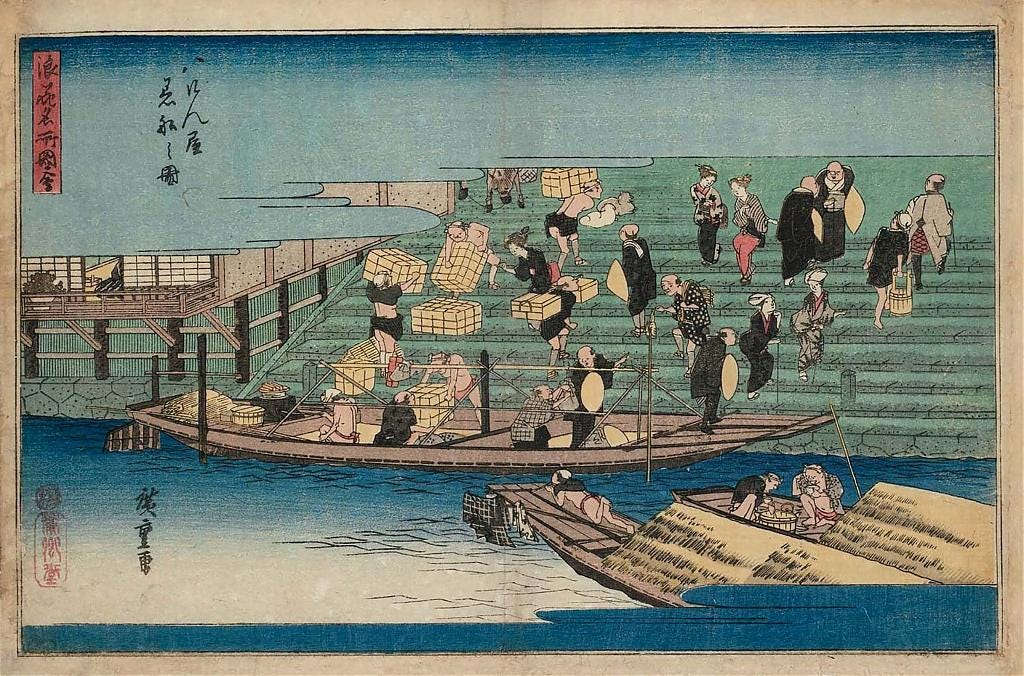 Woodblock print by Utagawa Hiroshige of a river embankment with stepping stones in Osaka