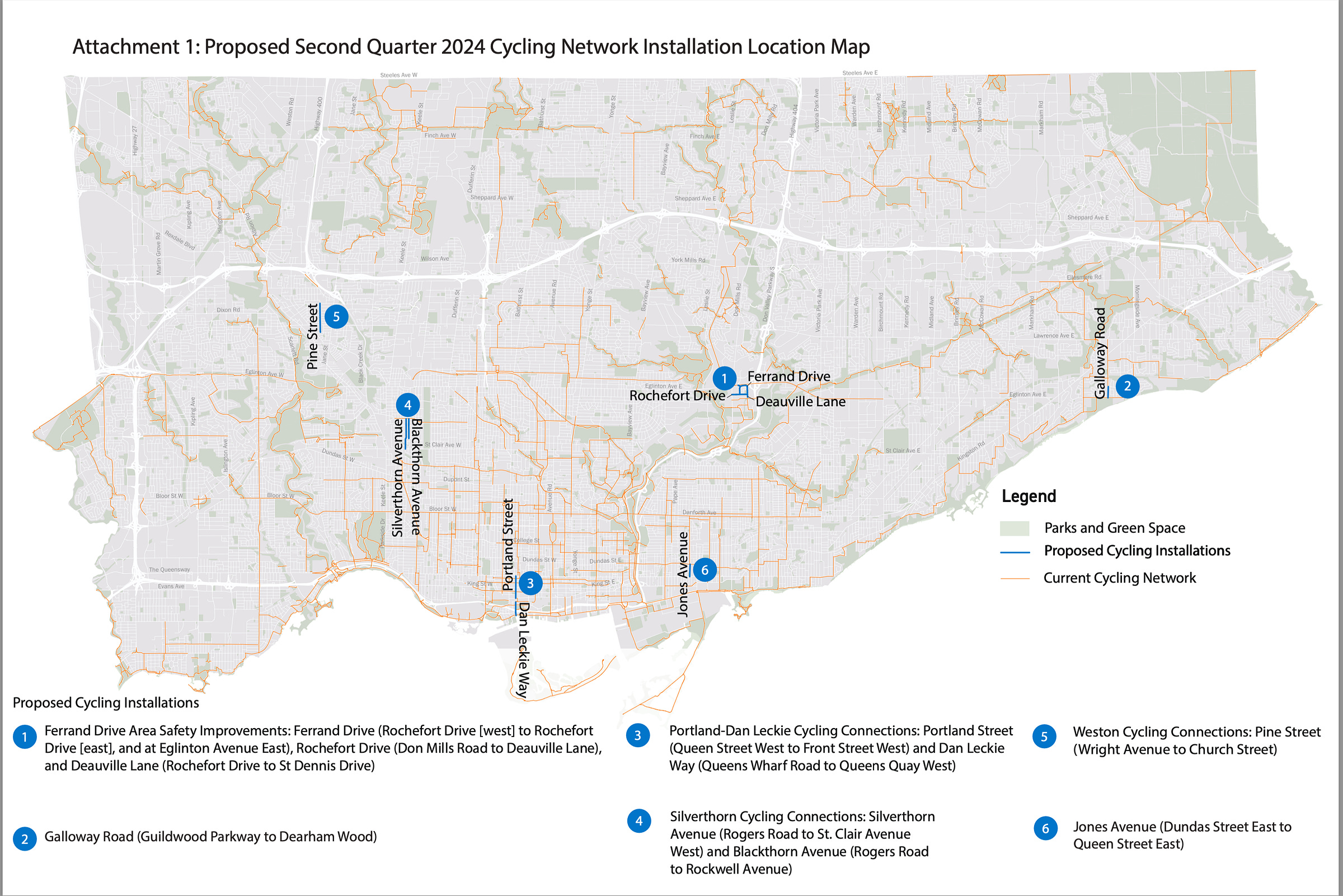 Map of proposed Q2 bike lane installations in Toronto