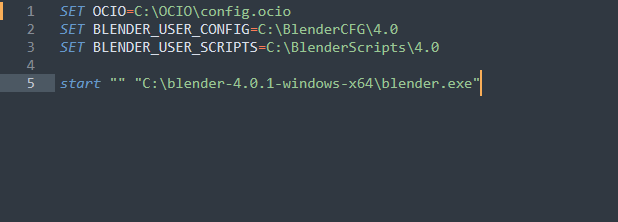 The .bat file loading a custom OpenColorIO configuration.