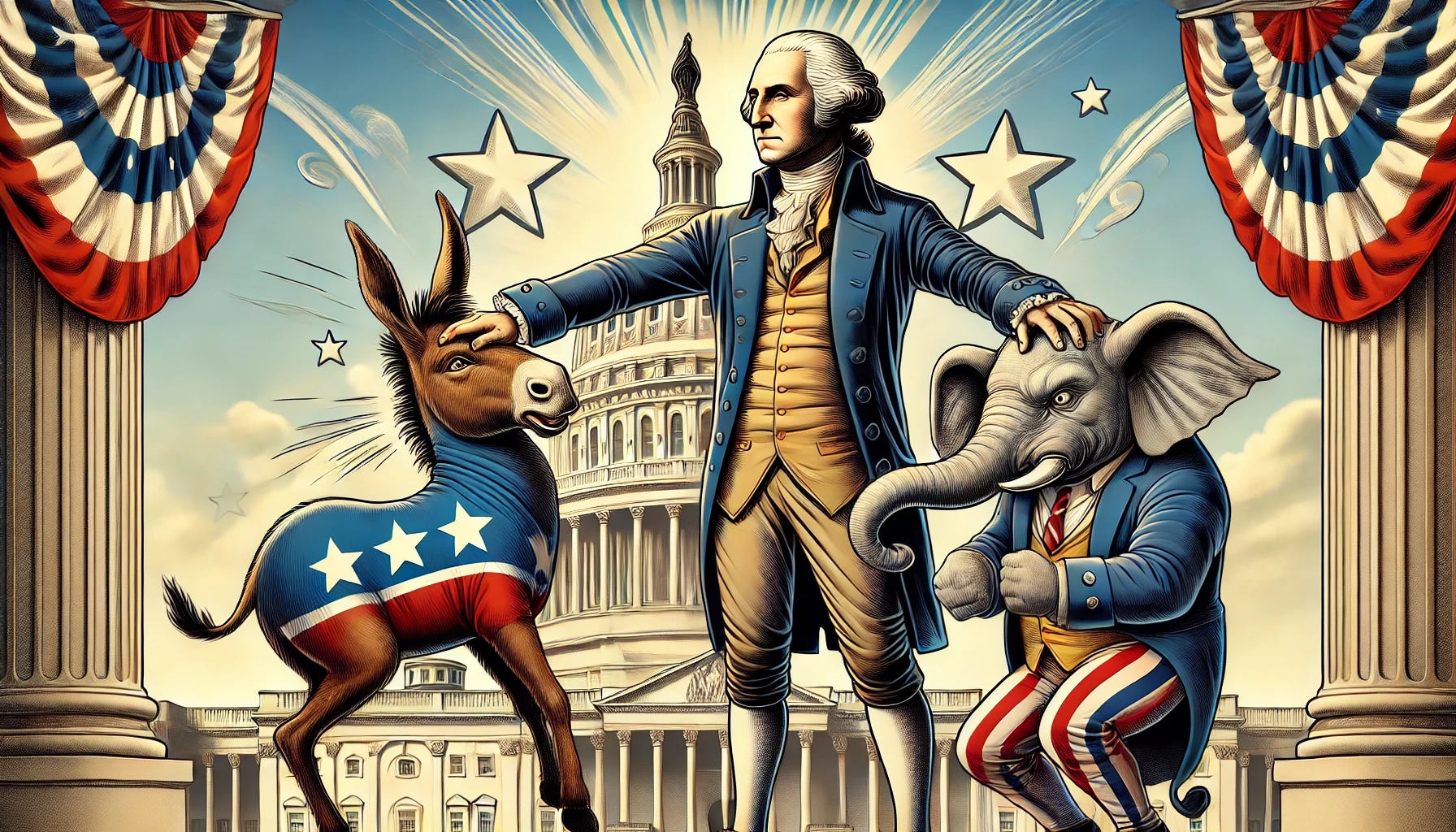 A symbolic political cartoon-style image of George Washington depicted as a strong and authoritative figure, knocking the heads of a Democratic donkey and a Republican elephant together. The scene is set with the USA Capitol building in the background. Washington is wearing his classic 18th-century attire but appears larger-than-life, embodying unity and leadership. The donkey and elephant are personified, showing exaggerated expressions of frustration, with stars and motion lines indicating impact. The setting is a sunny day with an American flag waving in the background. The overall tone is humorous yet thought-provoking.