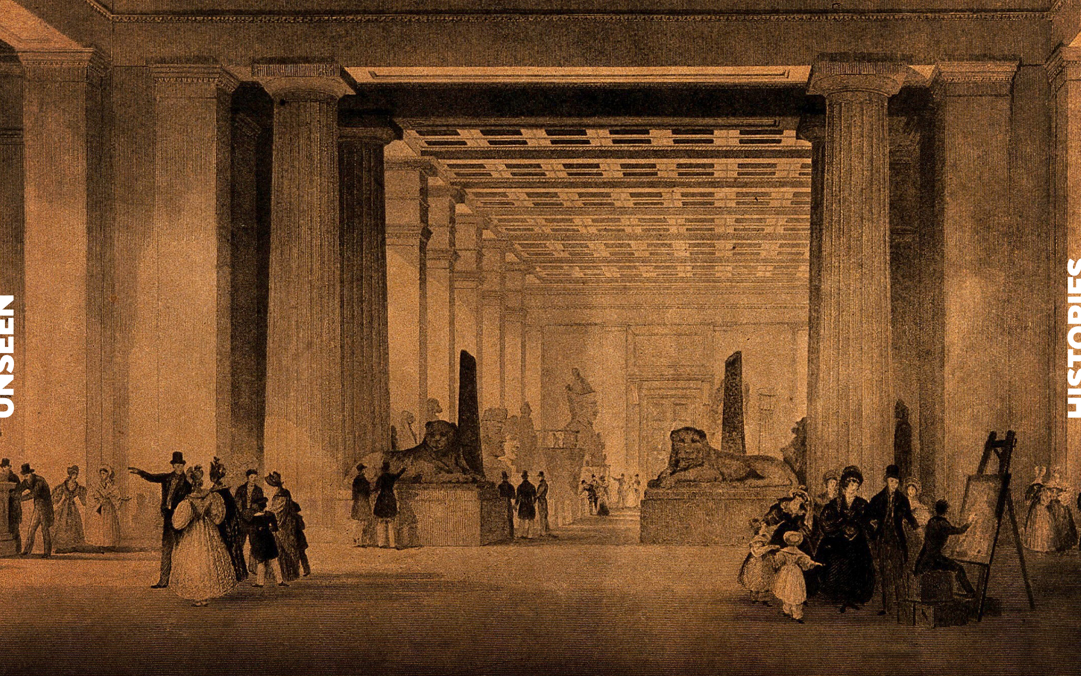 Etching depicts The British Museum, London: a gallery of Greek, Roman and Egyptian sculptures, with visitors admiring a copyist's work, 1800s.