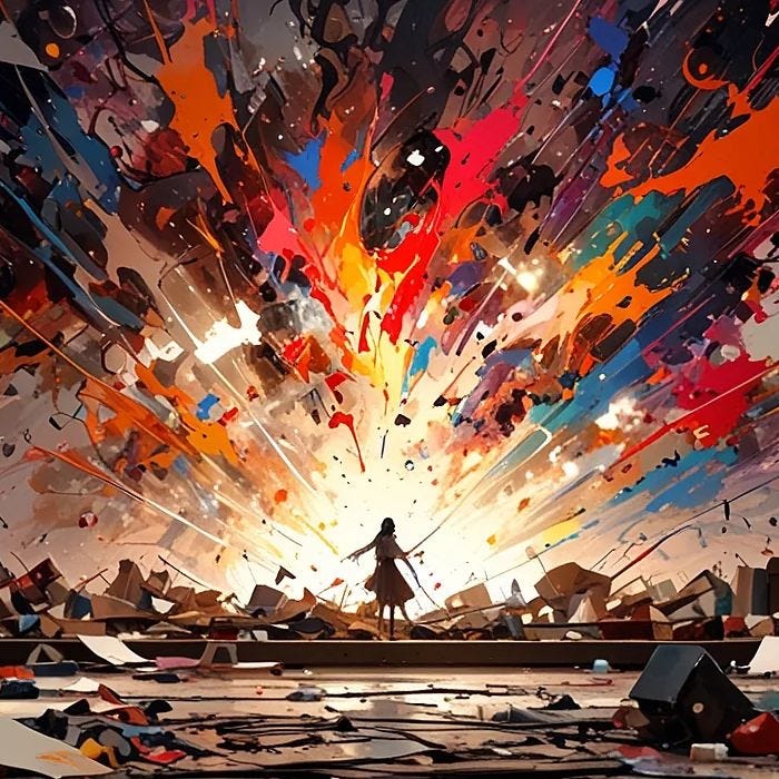 AI art: person standing in front of a large explosion of paint, symbolizing this week's flurry of economic news.