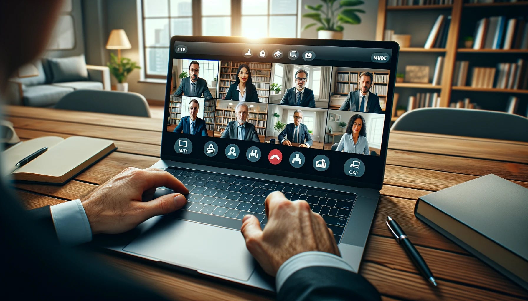 An image showing a professional video chat in progress from the viewpoint of looking over someone's shoulder at a laptop screen. The laptop screen displays a neatly organized video conferencing interface with multiple participants, each in their own framed window. The participants are dressed in business attire, indicating a formal meeting or discussion. The user interface on the screen should include icons for mute, video, and chat functionalities, reflecting a modern and sophisticated video conferencing tool. The background beyond the laptop shows a home office setting, with a bookshelf and indoor plants, blending professionalism with a personal touch.