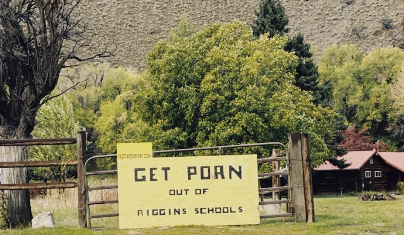 A yellow sign attached to a fence, that says in black text, "GET PORN OUT OF RIGGINS SCHOOLS."