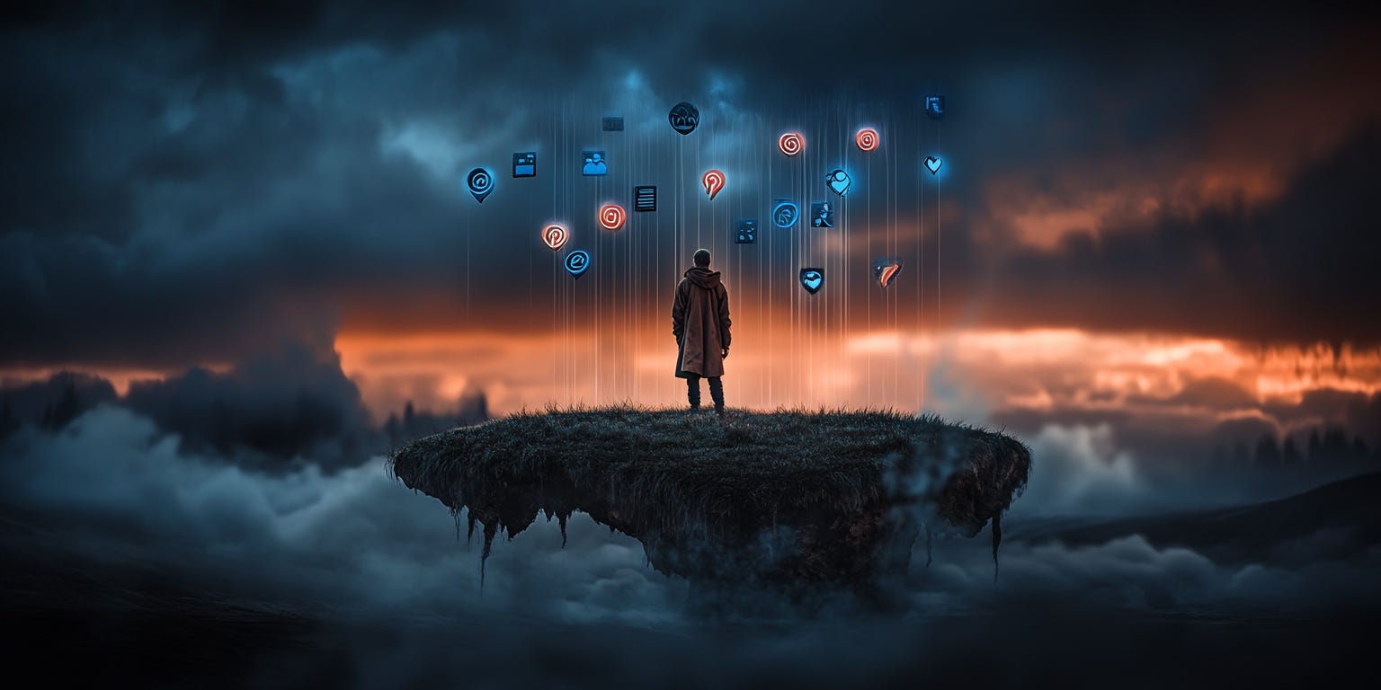 A solitary figure standing on a small floating island of grass and dirt, holding multiple colorful strings that extend upward like balloons - but instead of balloons, the strings connect to various social media icons floating in a dreamy twilight sky. The island casts a long shadow on clouds below.