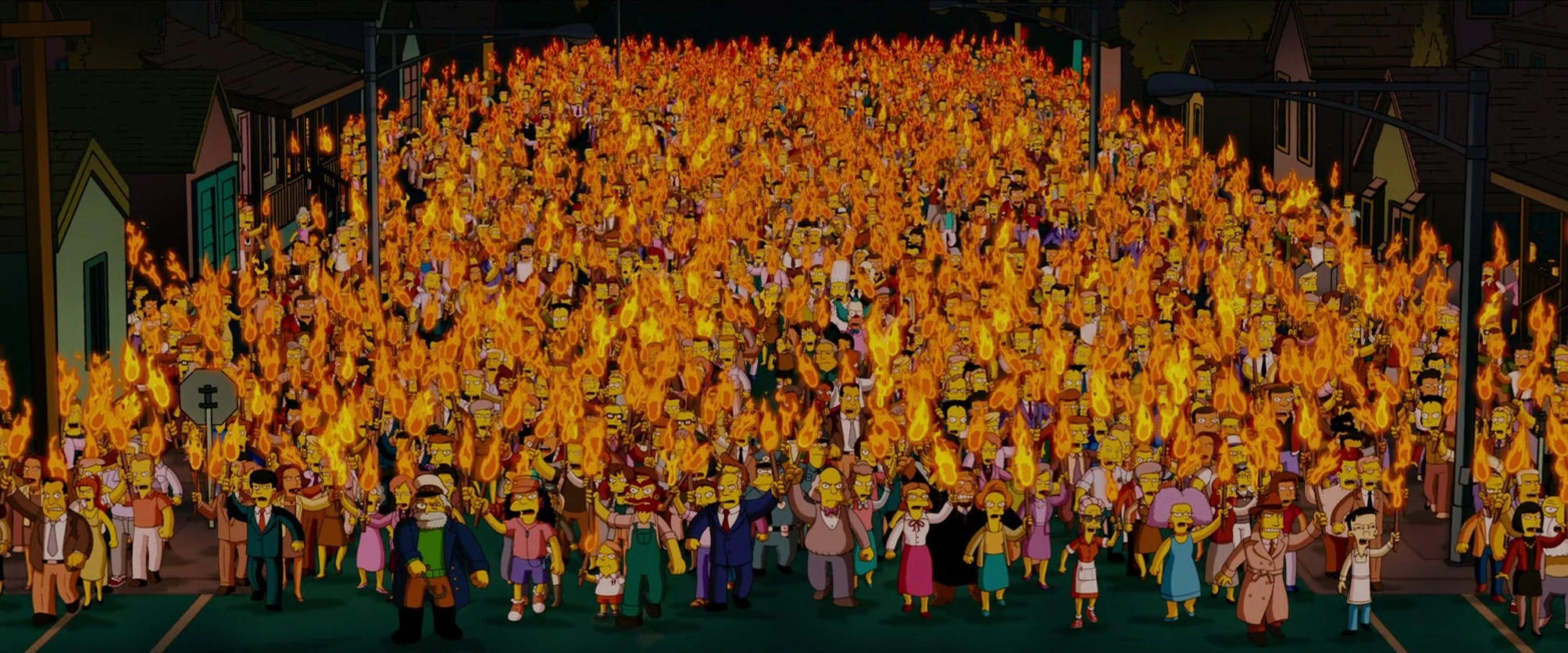All of the characters from The Simpson, marching in protest carrying torches