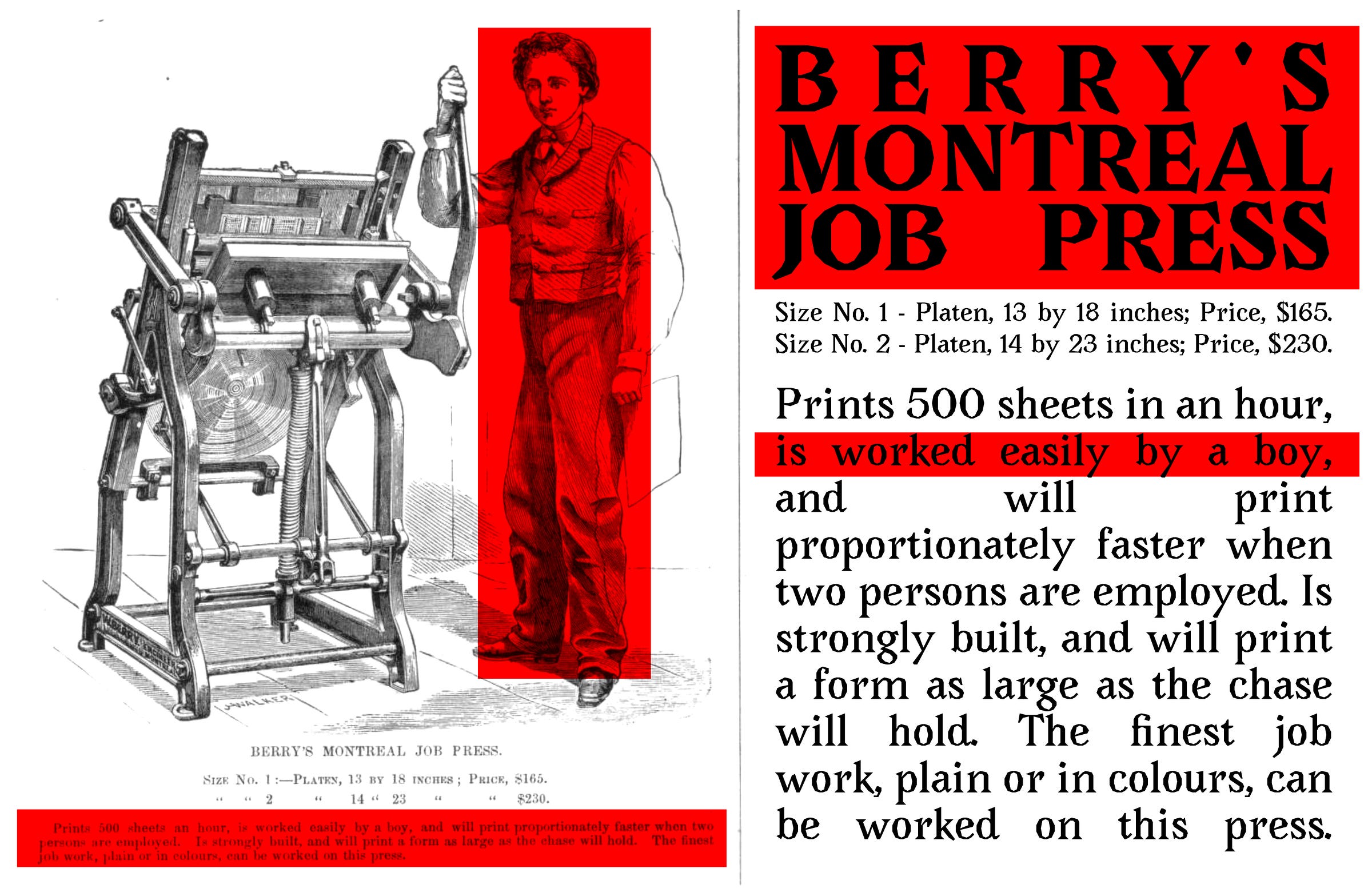 Old style illustration of a boy standing at a printing press. The caption has been copied larger next to the image. The name of the press, the boy, and the line "is worked easily by a boy" are highlighted in red. The full caption reads: "BERRY'S MONTREAL JOB PRESS Size No. 1 - Platen, 13 by 18 inches; Price, $165. Size No. 2 - Platen, 14 by 23 inches; Price, $230. Prints 500 sheets in an hour, is worked easily by a boy, and will print proportionately faster when two persons are employed. Is strongly built, and will print a form as large as the chase will hold. The finest job work, plain or in colours, can be worked on this press."