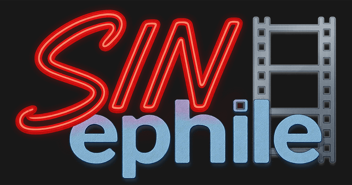SINephile logo. SIN in red neon stacked tilted against a blue 'ephile' intersecting with a steel gray vertical strip of film frames on the right.