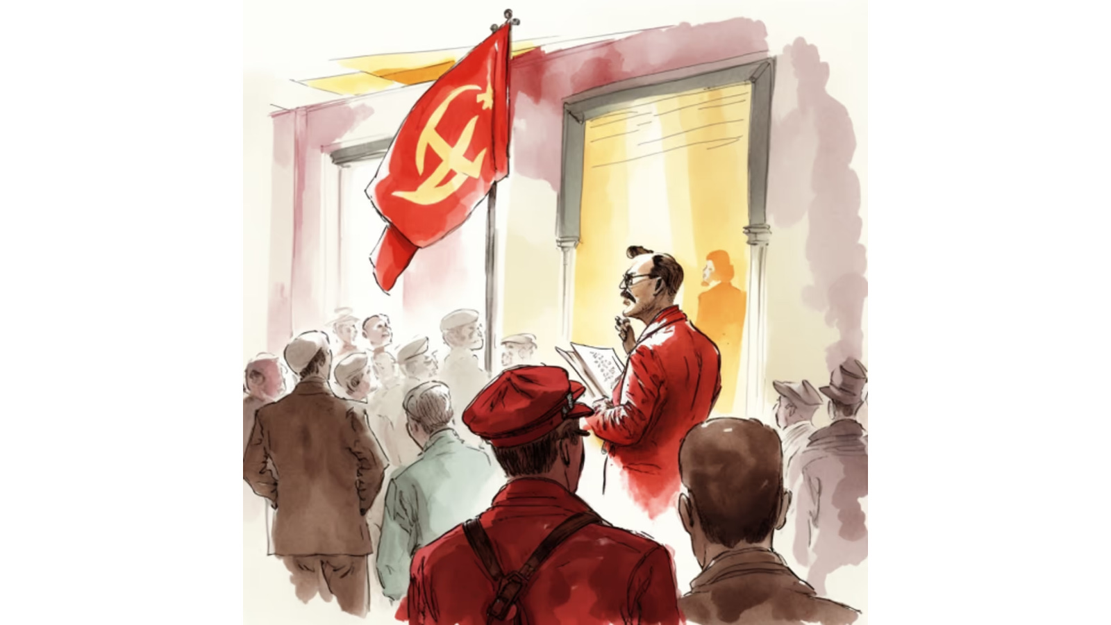 A man in a red coat stands in the middle of a crowded room with a communist flag upright in front of him.