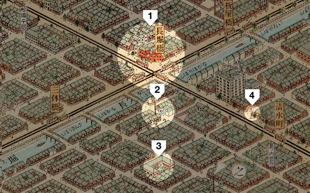 1924 map of Osaka with public facilities highlighted. 1924 map of Osaka with public facilities highlighted.