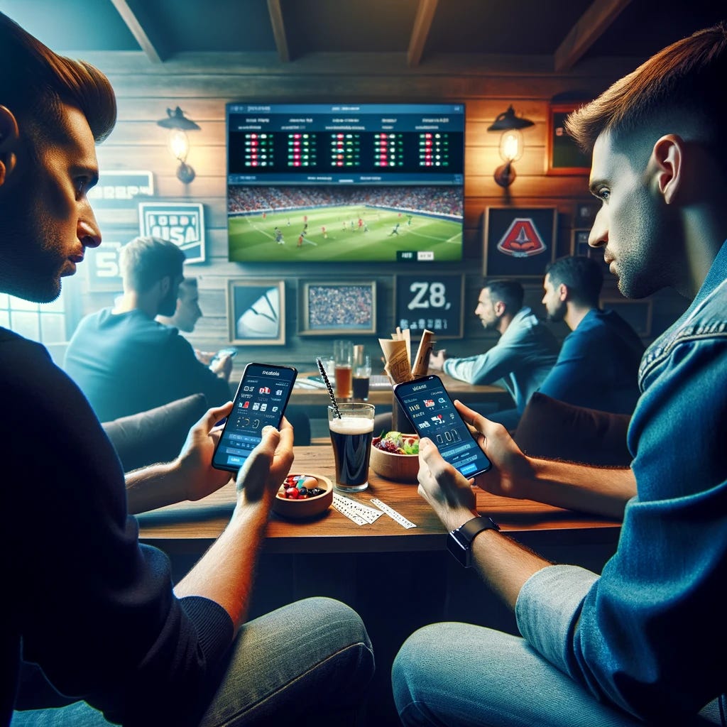 An image depicting two individuals engaged in a friendly sports betting competition. They are sitting opposite each other with smartphones in their hands, intensely focused on their screens, which display a sports betting app. The environment suggests a casual, yet competitive atmosphere, with sports memorabilia and a large screen showing a live sports game in the background.