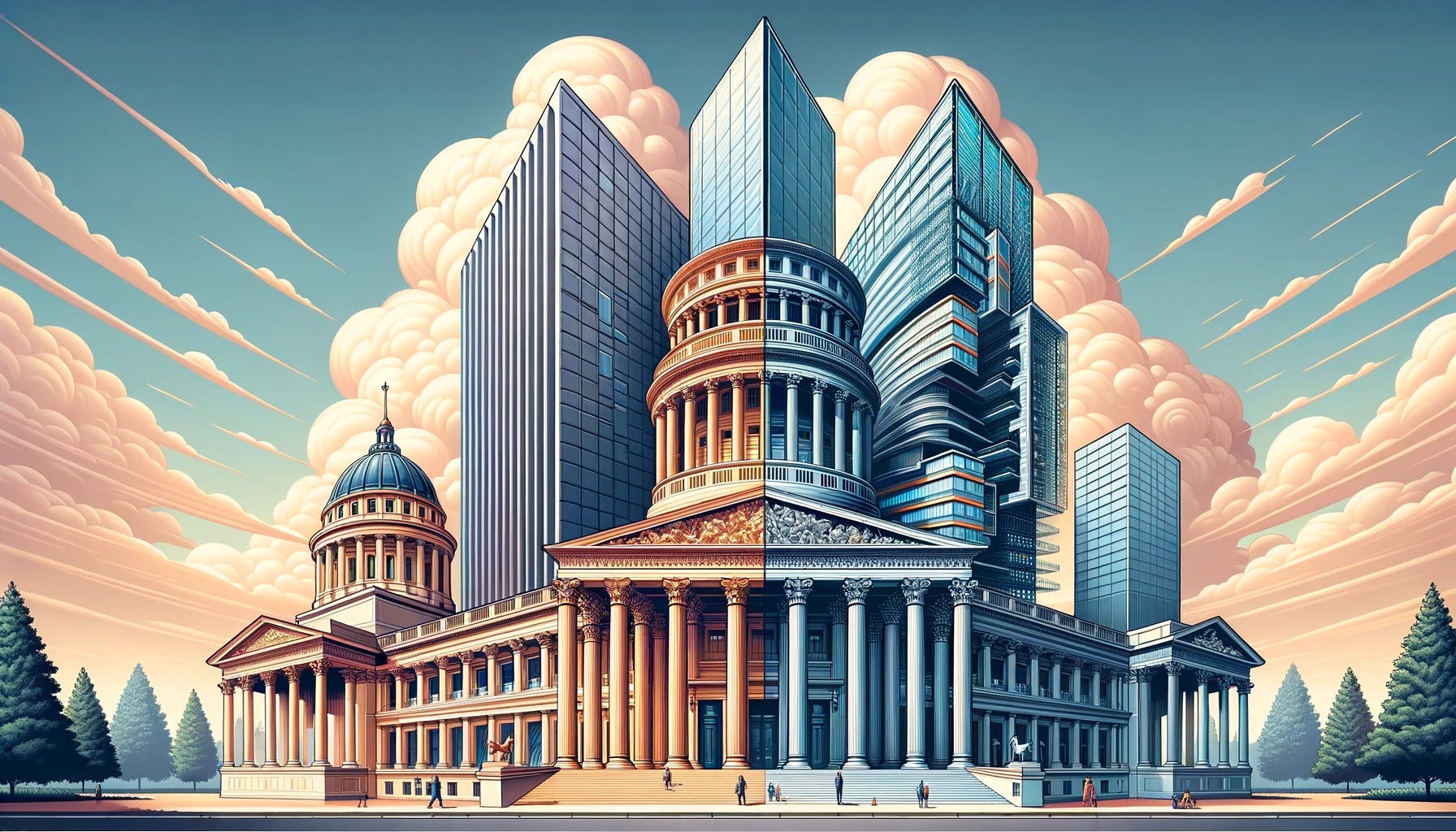 Modern style illustration in a 16:9 aspect ratio divided into three distinct panels: Panel 1 (left) showcases a majestic classicism building with columns, domes, and ornate facades, symbolizing traditional data structures. Panel 3 (right) features a sleek, towering modern skyscraper made of glass and steel, representing contemporary data formats. Panel 2 (center) presents a unique architectural fusion, visualizing a 'classical skyscraper' that combines elements of both classicism and modern design, with classical columns at the base transitioning to a modern glass and steel structure as it rises. This central hybrid building epitomizes the 'join' operation, illustrating the innovative integration of old and new data structures in Google Cloud Spanner.