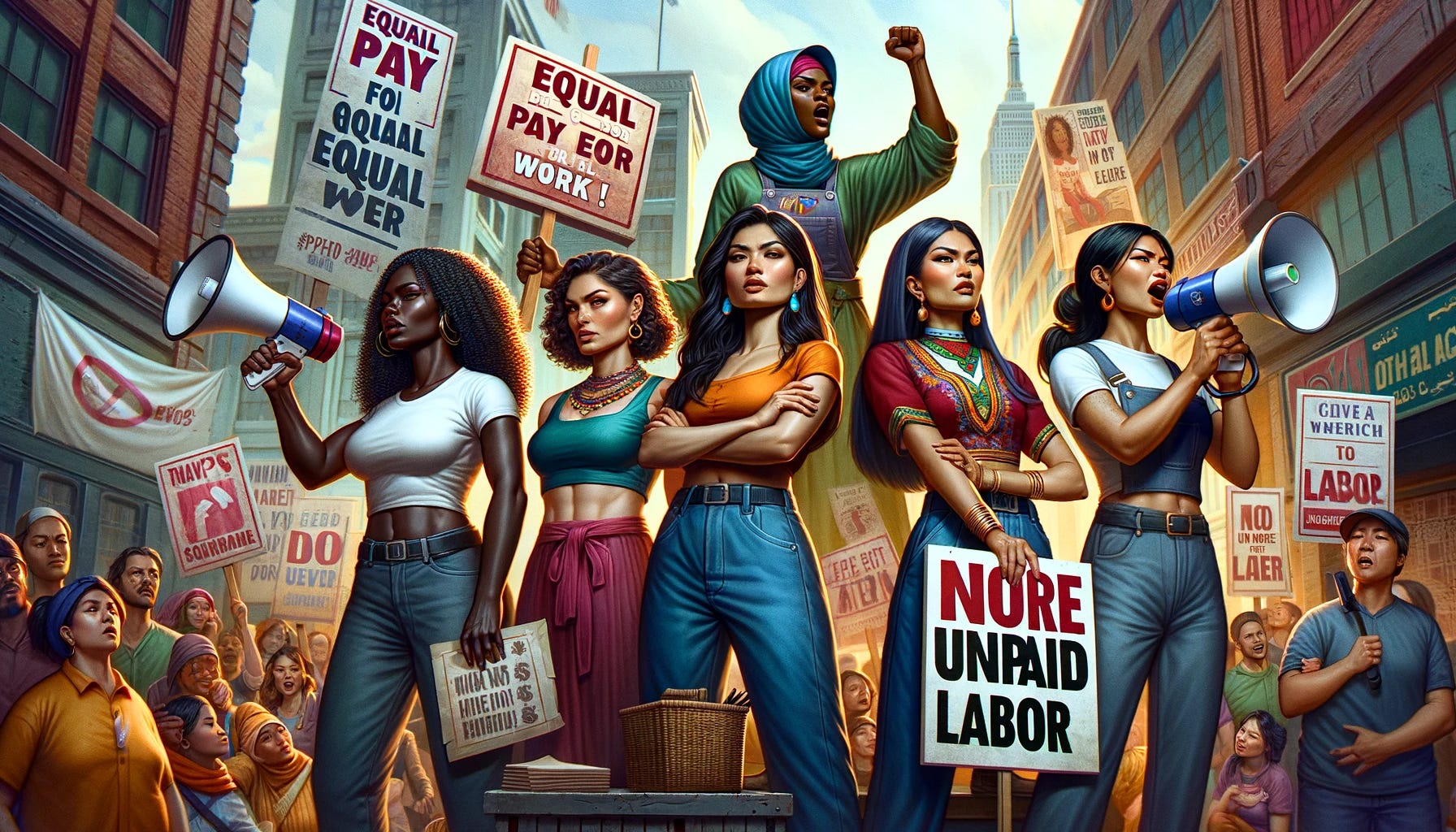 A powerful scene depicting women of diverse backgrounds standing together in solidarity, refusing to do unpaid labor. The scene includes a Black woman holding a sign that reads 'Equal Pay for Equal Work', a Hispanic woman with her arms crossed, exuding confidence, a Middle-Eastern woman holding a megaphone, passionately advocating for fair compensation, and an Asian woman with a determined expression, holding a placard that says 'No More Unpaid Labor'. The background is a vibrant urban setting with banners and posters supporting their cause.
