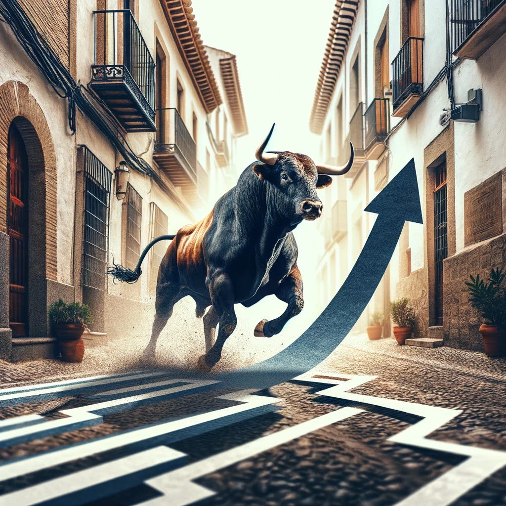 A dynamic scene depicting a bull running through the narrow streets of a Spanish town. The bull is in full motion, creating an upward trend line in the ground as it charges forward. The surrounding architecture is characteristic of a traditional Spanish town, with cobblestone streets and rustic buildings. The trend line in the ground symbolizes progression and forward momentum, adding a metaphorical layer to the image.