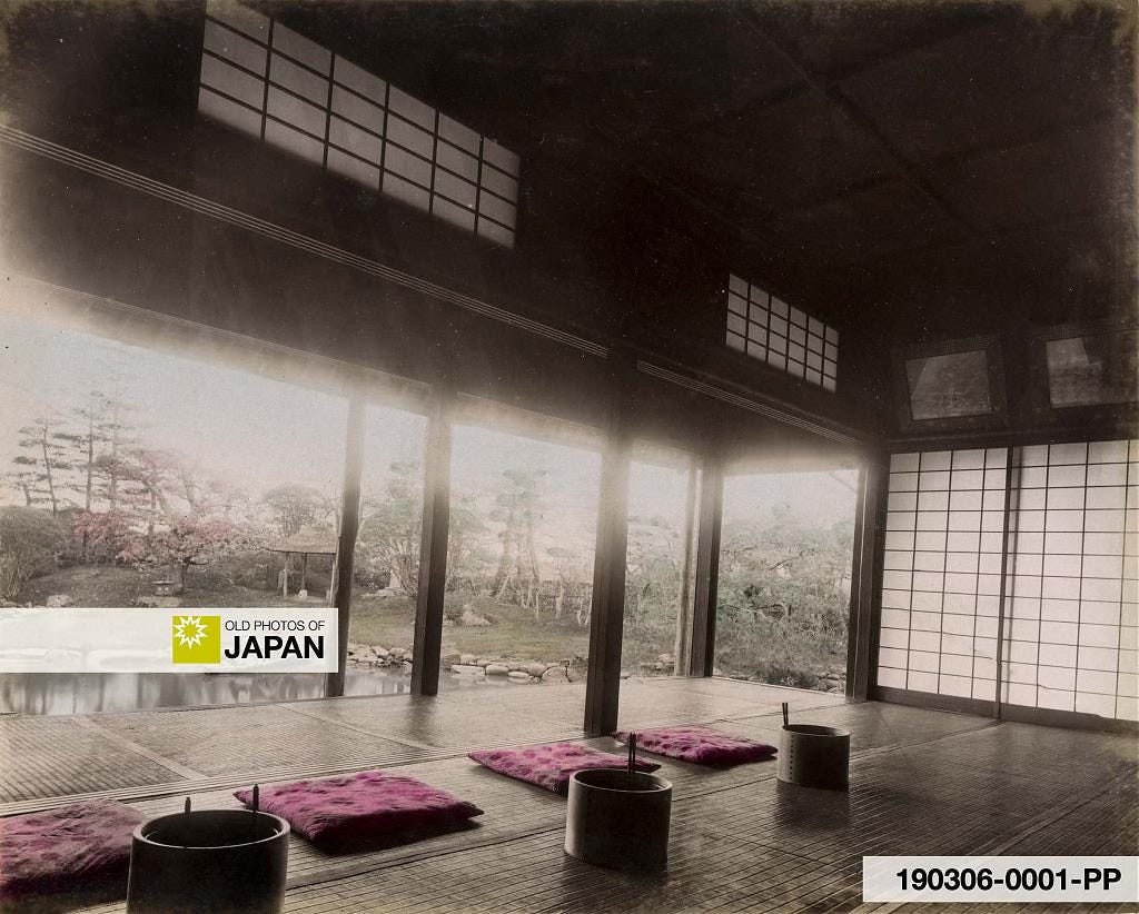 Hibachi next to zabuton cushions in a traditional Japanese villa, 1890s Hibachi next to zabuton cushions in a traditional Japanese villa, 1890s