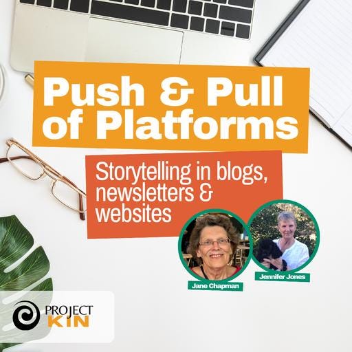 A laptop keyboard and reading glasses with profile images for Jane Chapman and Jennifer Jones referencing the "Push & Pull of Platforms" event