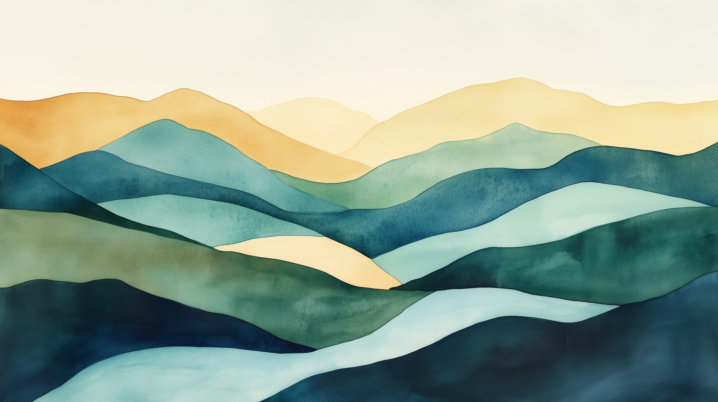 Watercolor of rolling hills that flow in and out of each other.