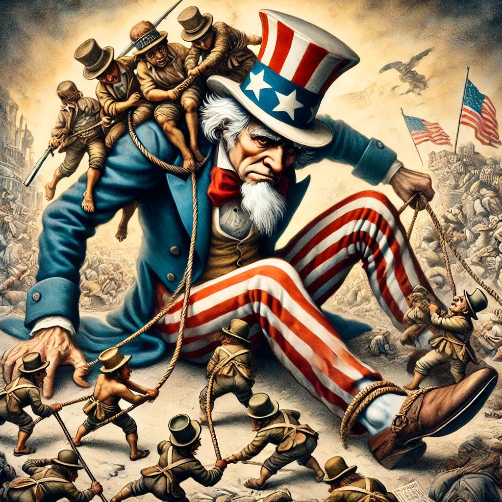 A dramatic illustration of Uncle Sam representing the American Empire, overstretched and struggling under the weight of numerous tiny Lilliputian-like figures holding him down with ropes. Uncle Sam appears exhausted, his iconic hat tilted, and his arms and legs restrained. The Lilliputians, dressed in various global attire, are climbing over him, pulling on the ropes, and securing stakes into the ground. The background suggests a chaotic geopolitical landscape, with subtle references to global conflict, debt, and influence. The scene is detailed, with expressive faces and dynamic action.