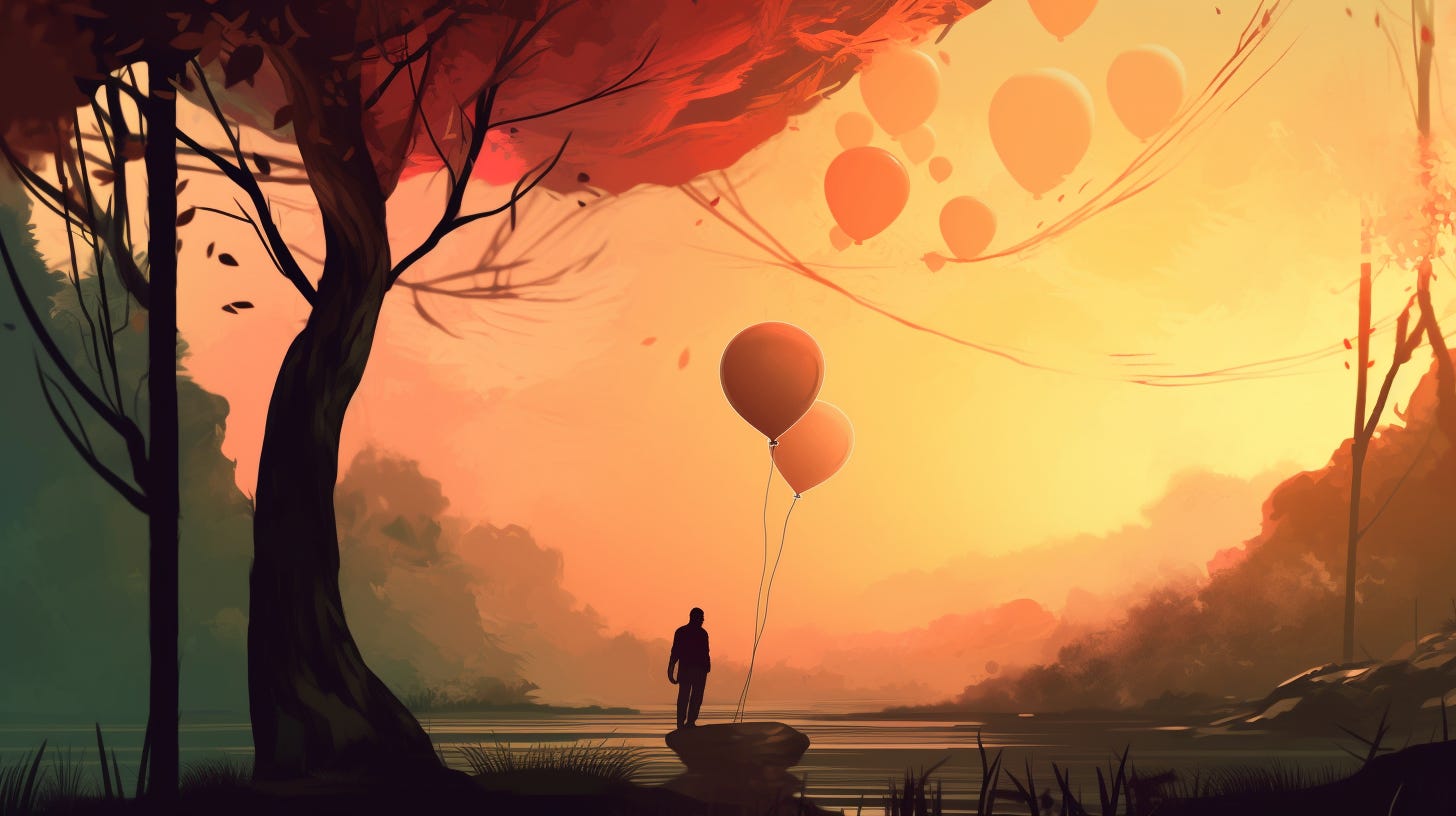 AI-generatedillustration of a silouhette of a person letting go of some ballons over a lake at sunset by John Wayne Hill