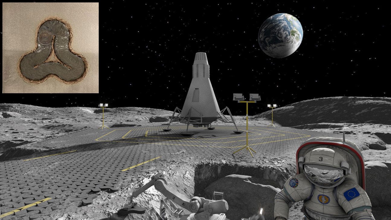 Drawing of an astronaut on the Moon with a landing capsule in the background and the Earth in the black sky. Alongside them is a road made from hundreds of interlocked three-leafed structures like cobblestone.