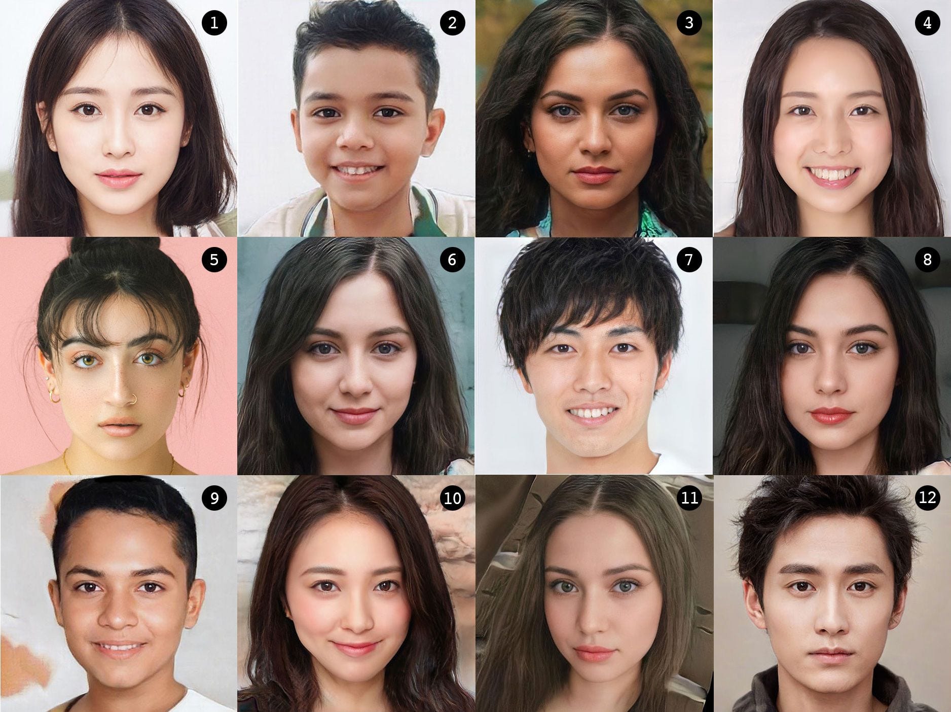 12 faces. 11 are by AI, one is real. Which one?