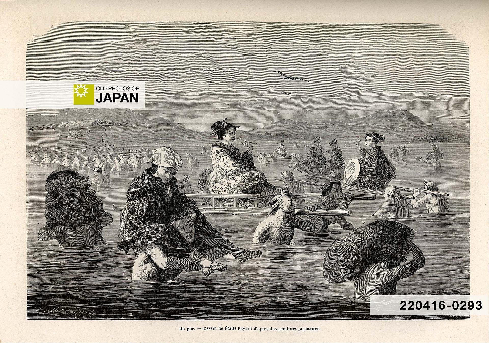 Japanese porters carrying travelers across a wide river, 1860s