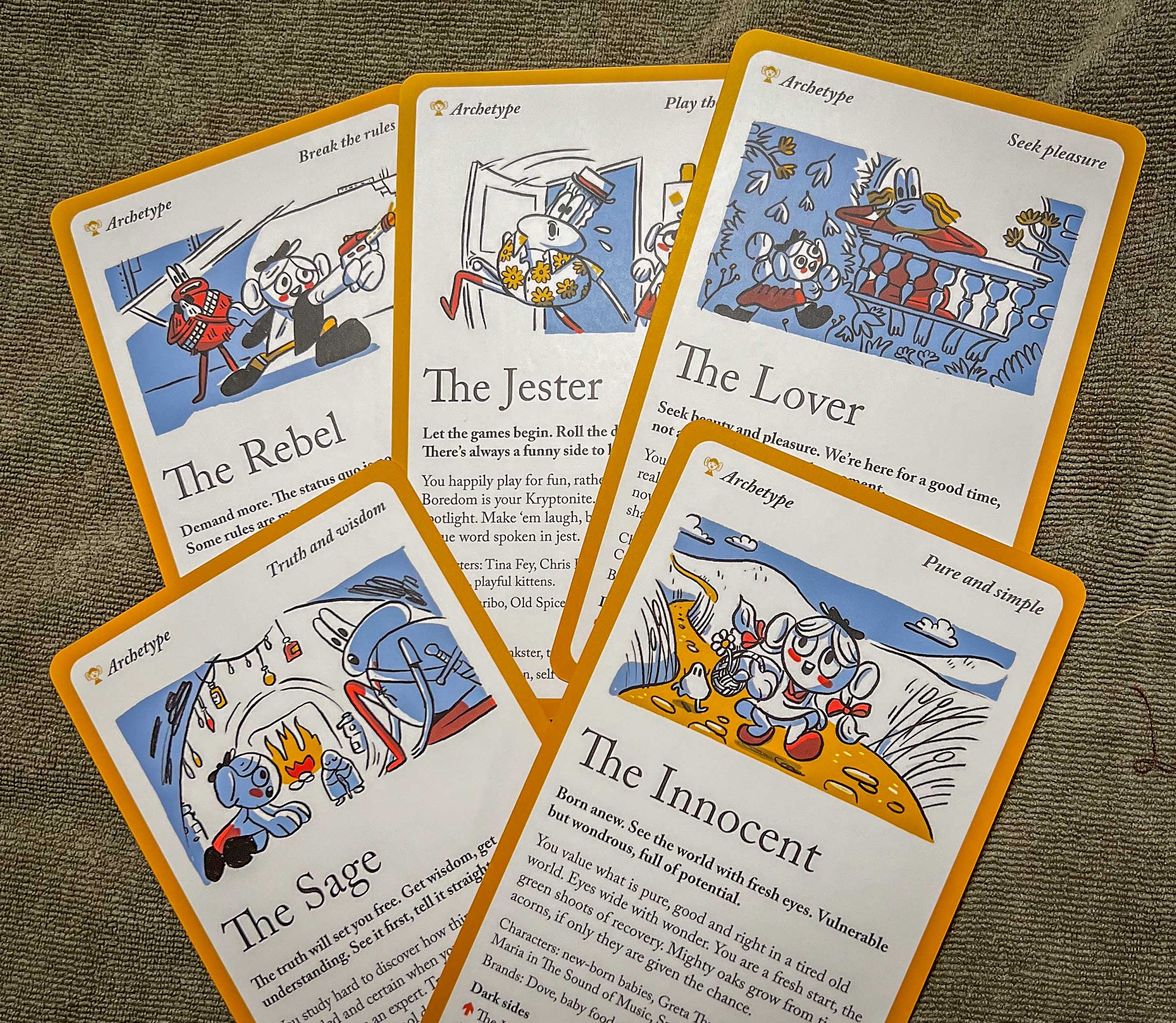 Five "Archetypes" Character cards from Pip Decks: Rebel, Jester, Lover, Sage, Innocent