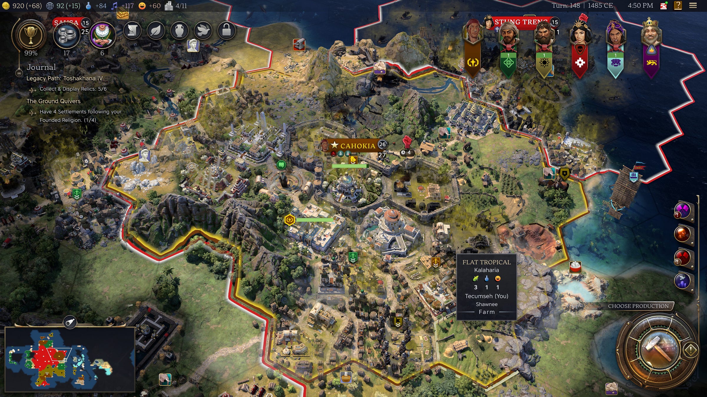 Video game screenshot showing a city spread across dozens of map hexagons. A mountain range is in the southwest, ocean in the northeast