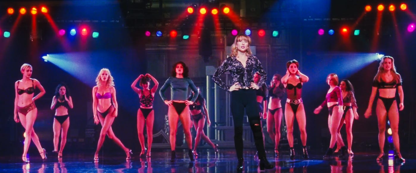 Ensemble of dancers auditioning on stage under bright theatrical lighting, wearing lingerie-style costumes while then line captain stands centered in black with hands on hips. Ensemble of dancers auditioning on stage under bright theatrical lighting, wearing lingerie-style costumes while then line captain stands centered in black with hands on hips.