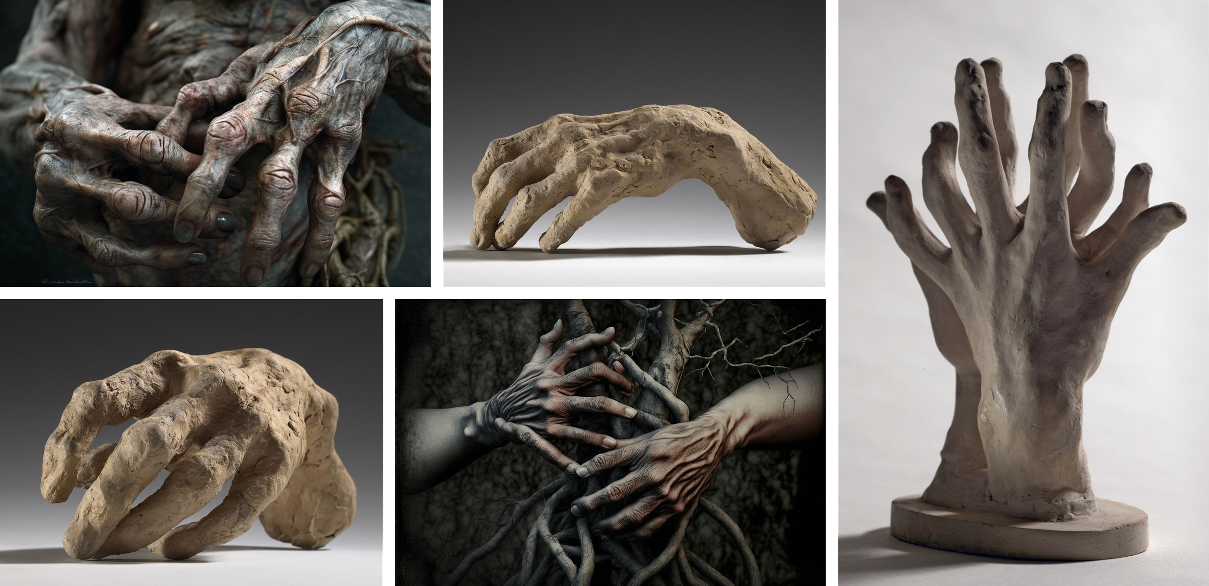 Two images of hands by Miele and three photos of Rodin hand sculptures. Miele: 1) The backs of two very weathered, leathery, old, or emaciated hands in an unreal, fleshy, gray color. Their muscles and tendons are visible through the skin. They could be from a decaying corpse. Behind them are weird, branch-like features. 2) Two hands extending toward each other. They are very veiny and one of them has six fingers, all spread apart. They appear to be resting on, or attempting to grasp at, a tangle of thin tree branches behind them, and a tree trunk fills the background. Rodin: 3), 4) Two views of a terracotta lumpy textured left hand loosely modeled with realistic proportions in a relaxed position. The back of the hand’s irregular surface has deep valleys and prominent tendons. 5) A plaster cast of two identical left hands, cropped a few inches above the wrists, positioned upright palm to palm, slightly offset from each other. Their symmetrical silhouette makes a wavy, branching, or coral-like effect.