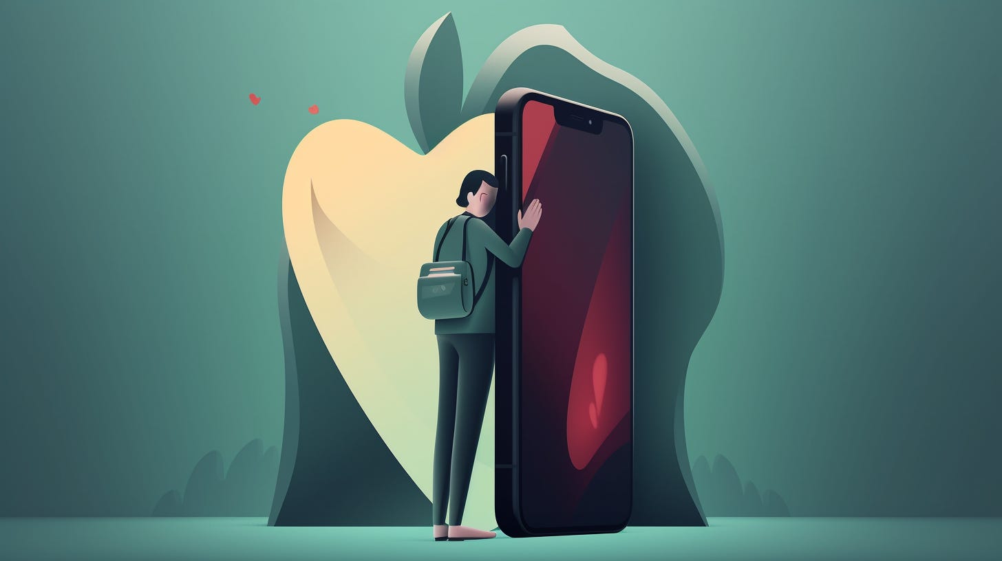AI-generated illustration of a person hugging a giant iphone with an abstract background by John Wayne Hill