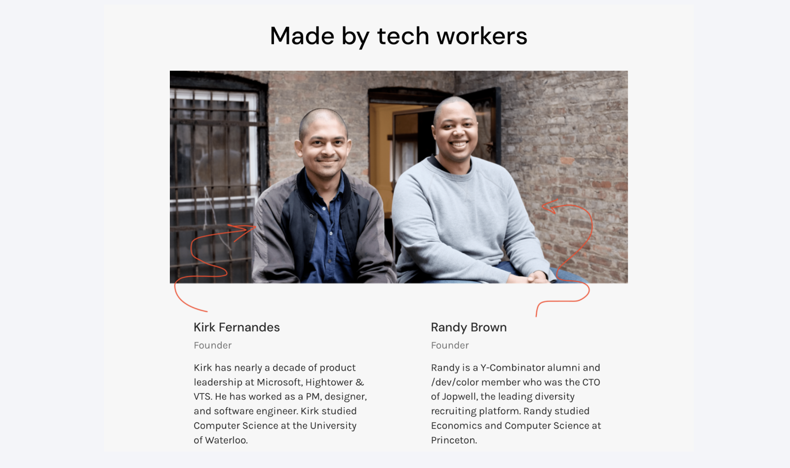 Screenshot of get-merit.com founders Kirk Fernandes and Randy Brown posing and lists their bio.