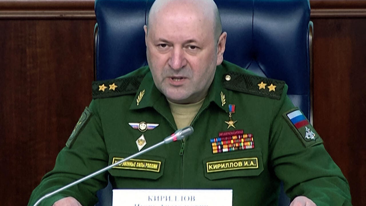 File photo: In this grab from a handout footage released by the Russian Defence Ministry on October 24, 2022, Russia's Lieutenant General Igor Kirillov, in charge of Russian troops for radioactive, chemical and biological protection, speaks at a briefing in Moscow.