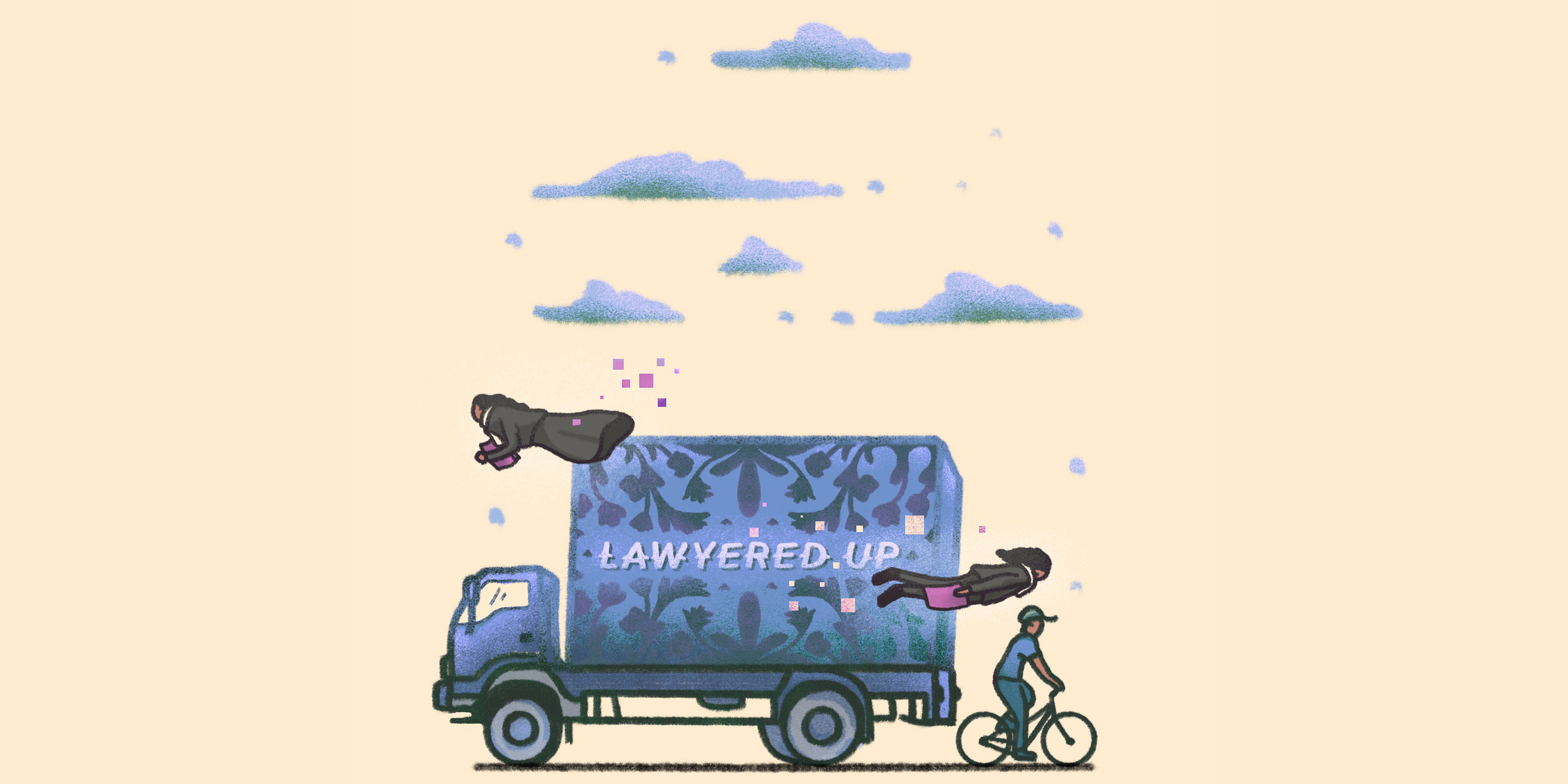 A truck is moving on the road with a man riding a bicycle going in the other direction. Two female lawyers are magically flying around the truck